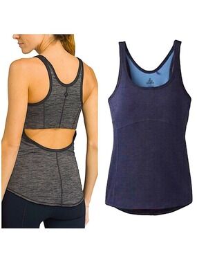 Prana Lilliana Tank Top Open Back Performance Built In Bra Navy Blue Size Medium
